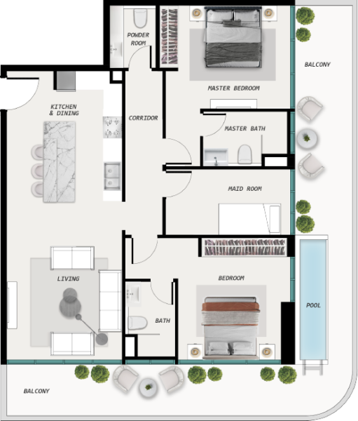 COSMOS Ocean Pearl 2 - 2 BHK With Pool